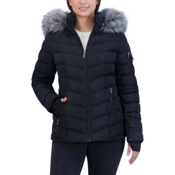 Nautica Ladies' Puffer Jacket Water Resistant with Faux Fur Hood (Black, XL) New - Picture 1 of 8